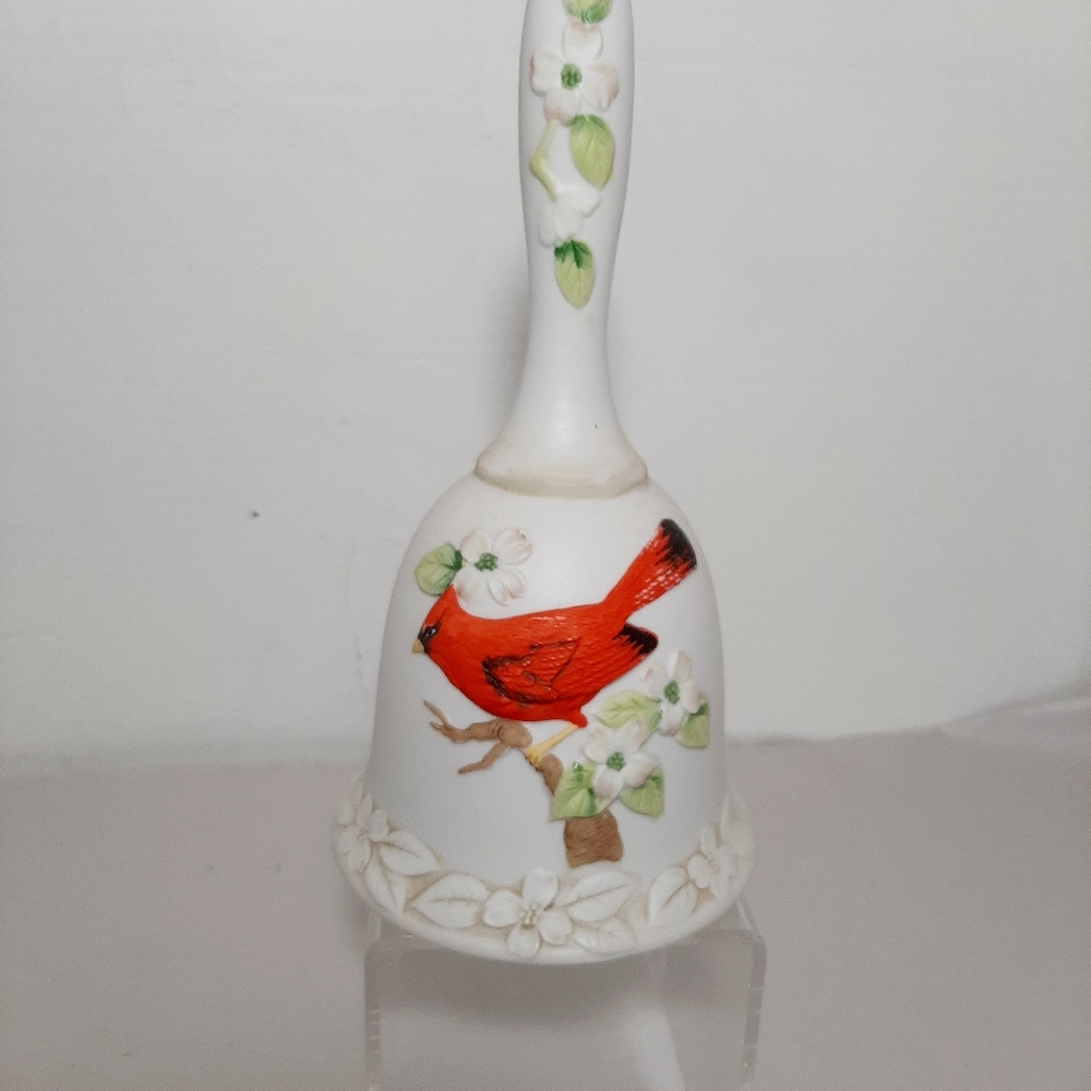 Lefton Hand painted Porcelain Bisque Cardinal Bell.original label.6.5 in. tall